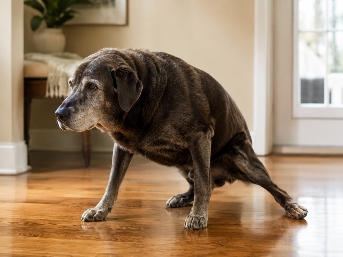 Senior dog steadying itself on a slippery hardwood floor