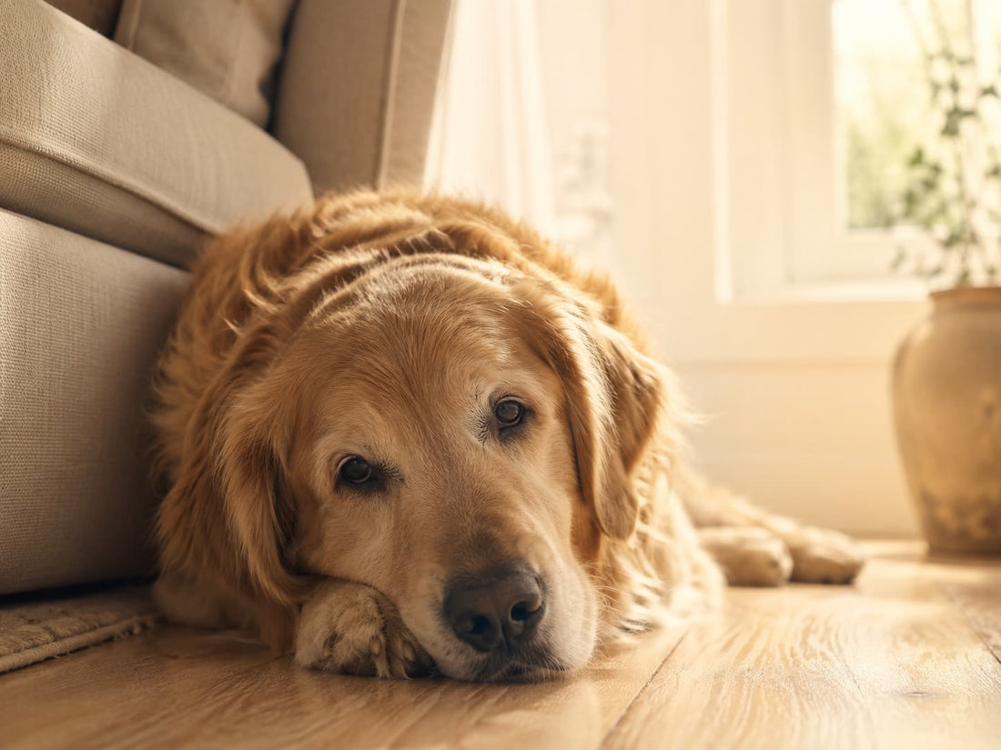 Senior dog resting on the floor in soft morning light