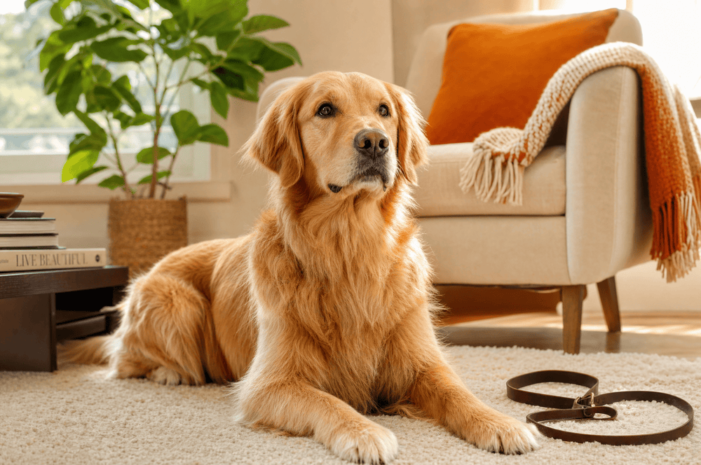 A healthy golden retriever lying alert on a living-room rug in morning light