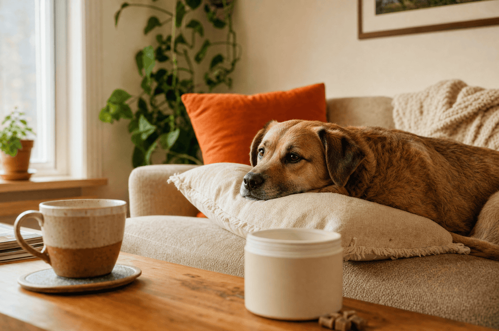 A dog resting on a couch beside an unbranded tub of supplement chews on the coffee table