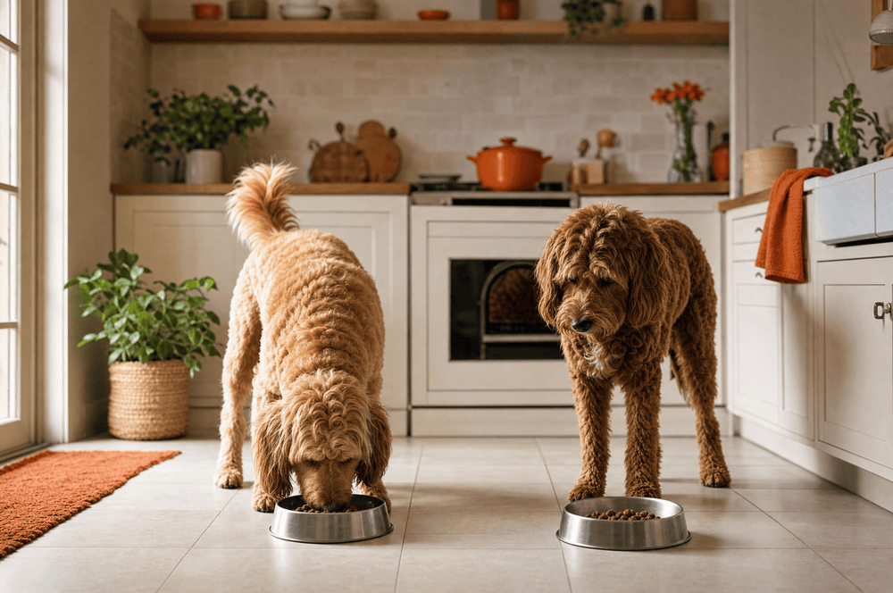 Two dogs at identical bowls in the same kitchen, one eating and one standing back