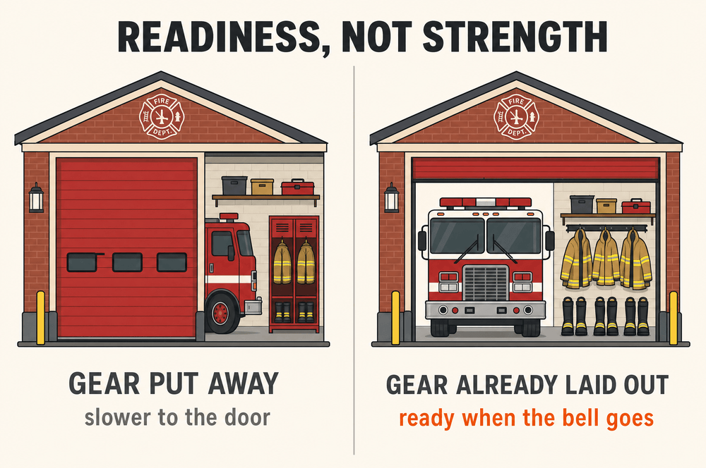 Readiness, not strength: two fire stations, one with gear put away and one with gear already laid out