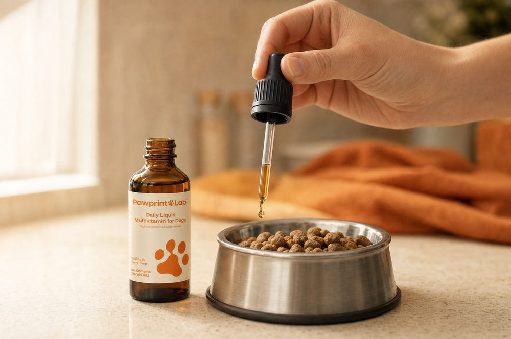 A hand holding a glass dropper above a stainless steel bowl of kibble, releasing a single drop into the food