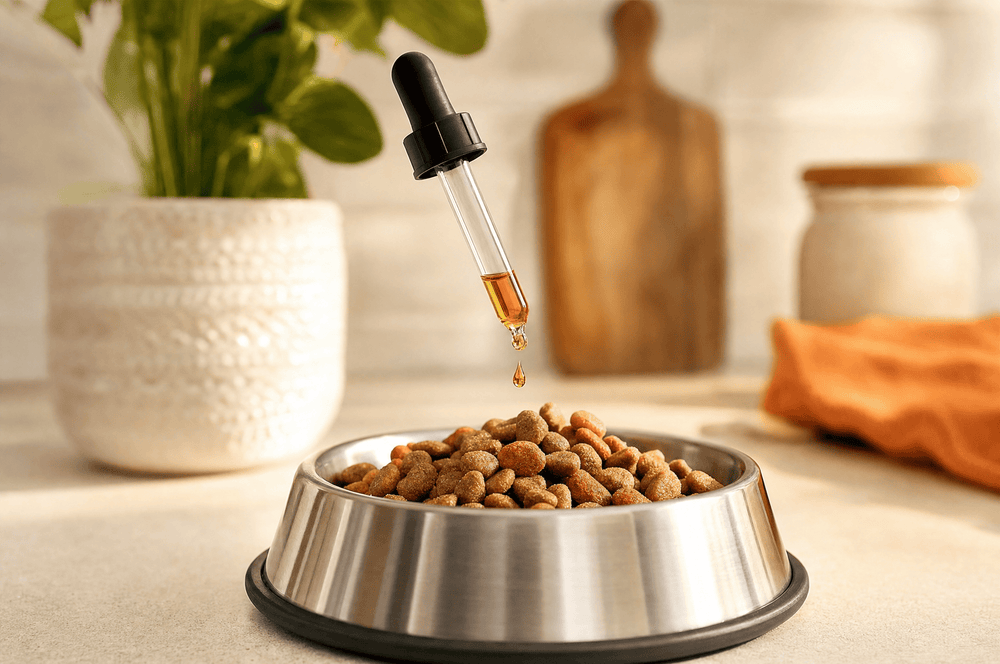 A glass dropper releasing a drop into a stainless steel bowl of kibble