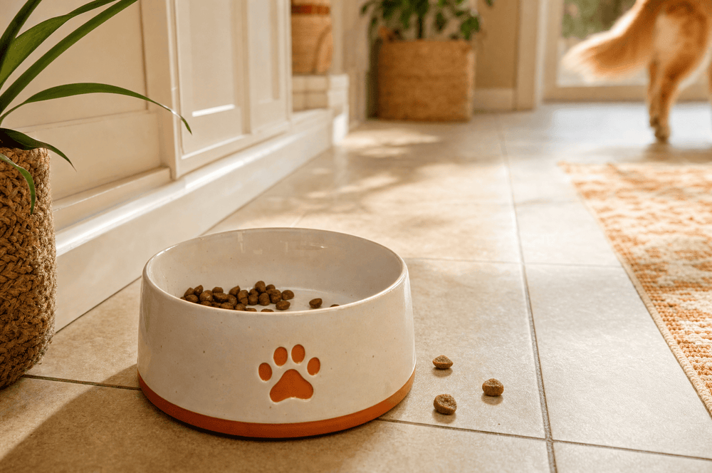 A part-eaten bowl of kibble on a kitchen floor as a dog walks away out of frame