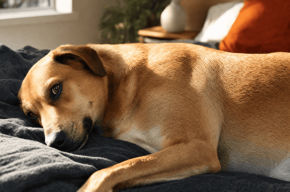 A dog resting on dark bedding in raking light, coat and skin in close detail
