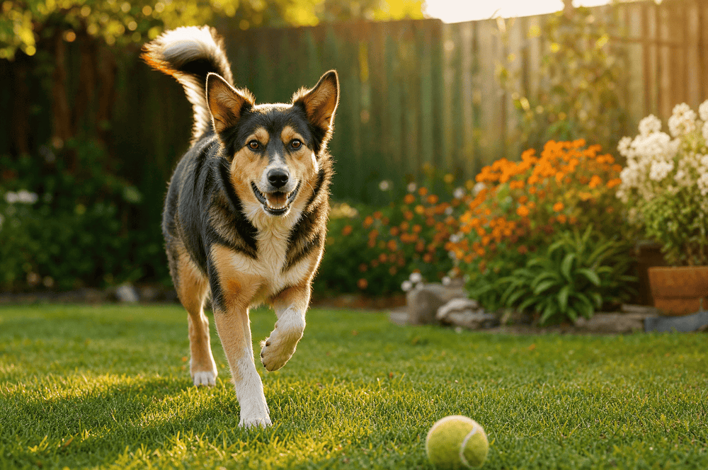 A healthy dog trotting across a sunlit lawn toward the camera with a tennis ball on the grass
