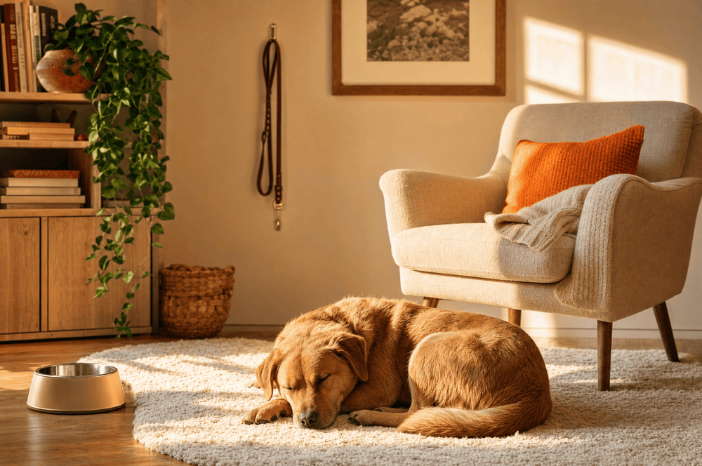 A dog asleep in a patch of afternoon sun beside an empty armchair and a clean bowl