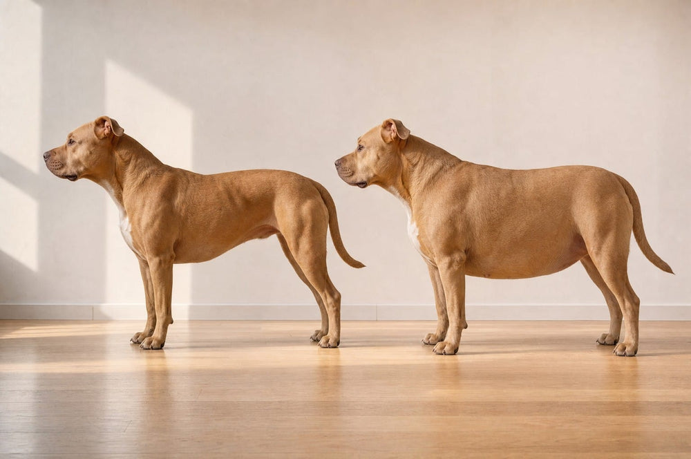 Two fawn pit bull type dogs side by side in profile: the left at a healthy weight with a visible waist, the right carrying extra weight with a level belly