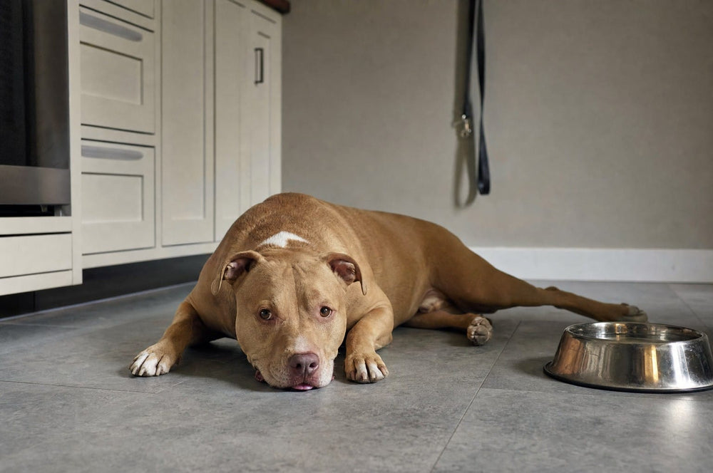 A fawn pit bull type dog lying flat on a tiled kitchen floor beside a steel water bowl, mouth slightly open