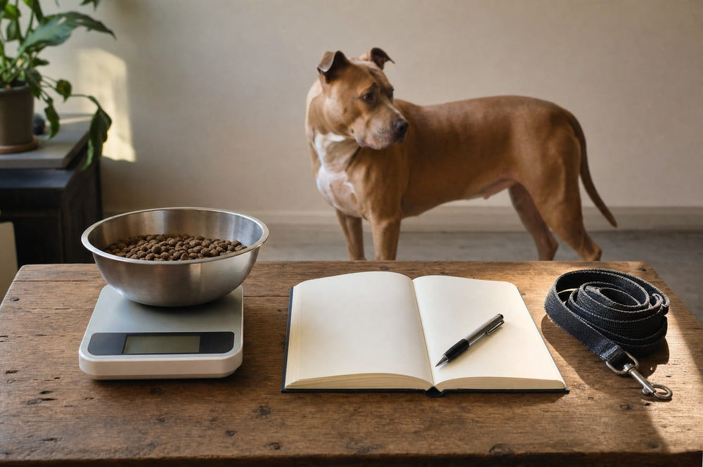 A kitchen scale holding a bowl of kibble, a blank notebook with a pen and a coiled leash on a wooden table, a fawn pit bull type dog standing behind