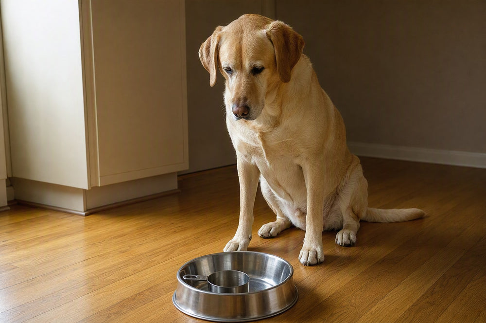 A yellow Labrador sitting in a kitchen looking at an empty steel bowl with a measuring cup inside it