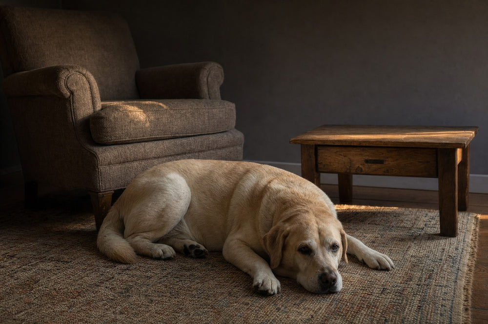 A yellow Labrador lying settled on a rug in a lived-in living room