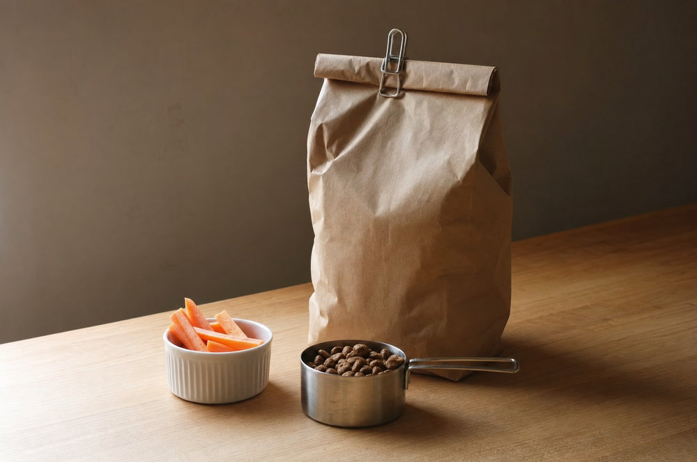 A plain bag of dog food, a steel measuring cup and a bowl of carrot sticks on a kitchen counter