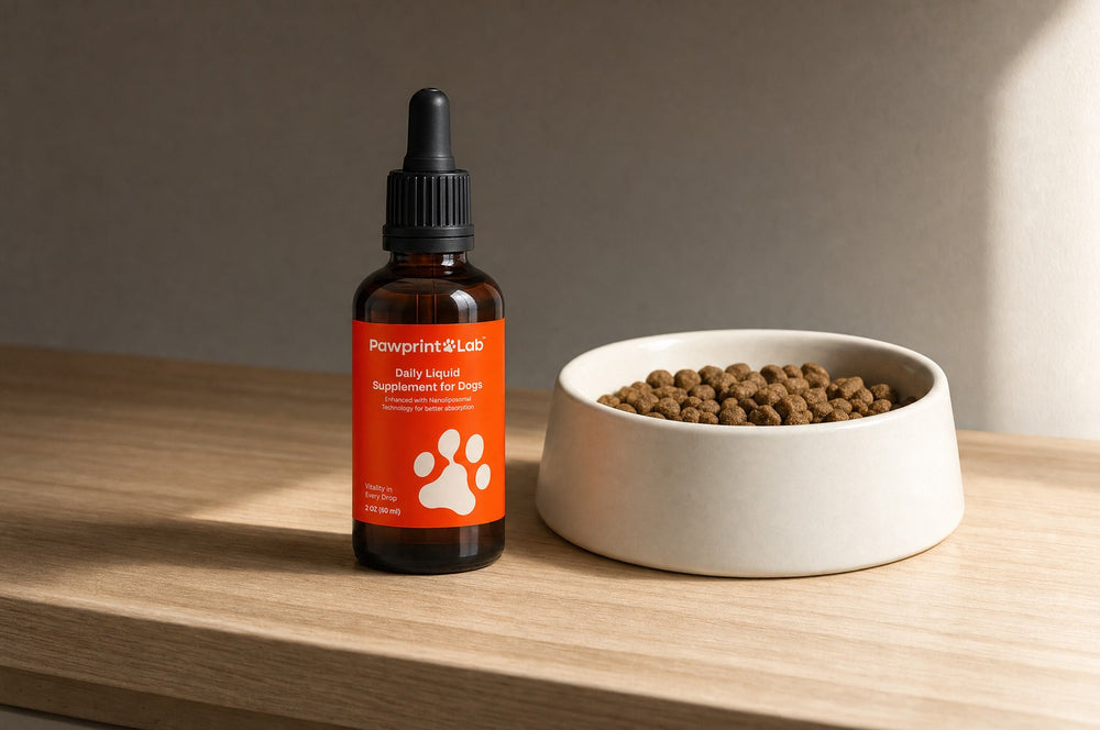 A bottle of Pawprint Protocol on a kitchen counter beside a bowl of kibble