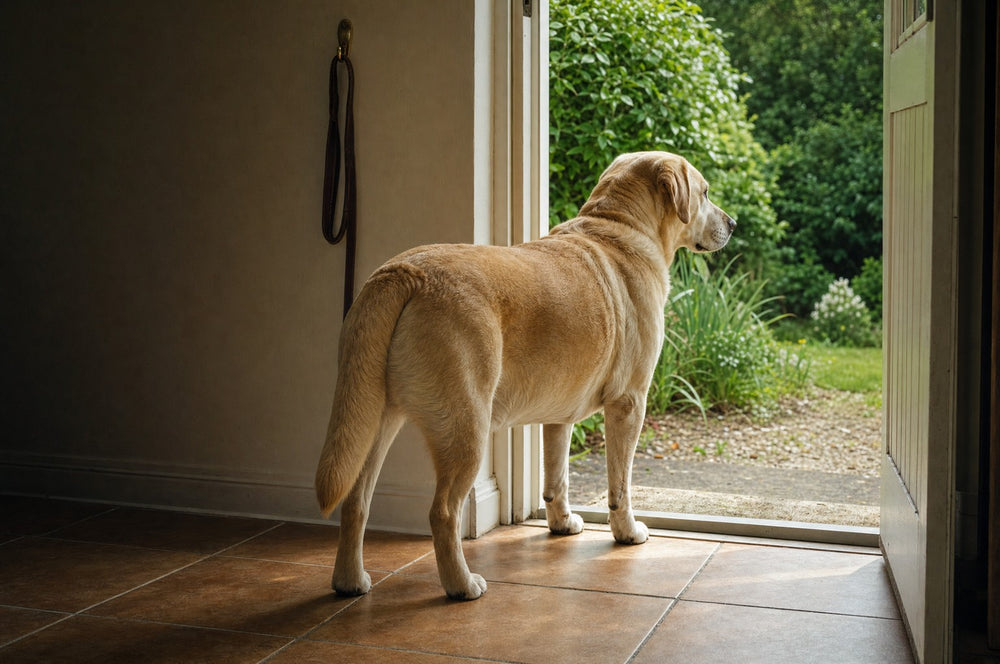 A yellow Labrador standing at an open back door looking out into a garden