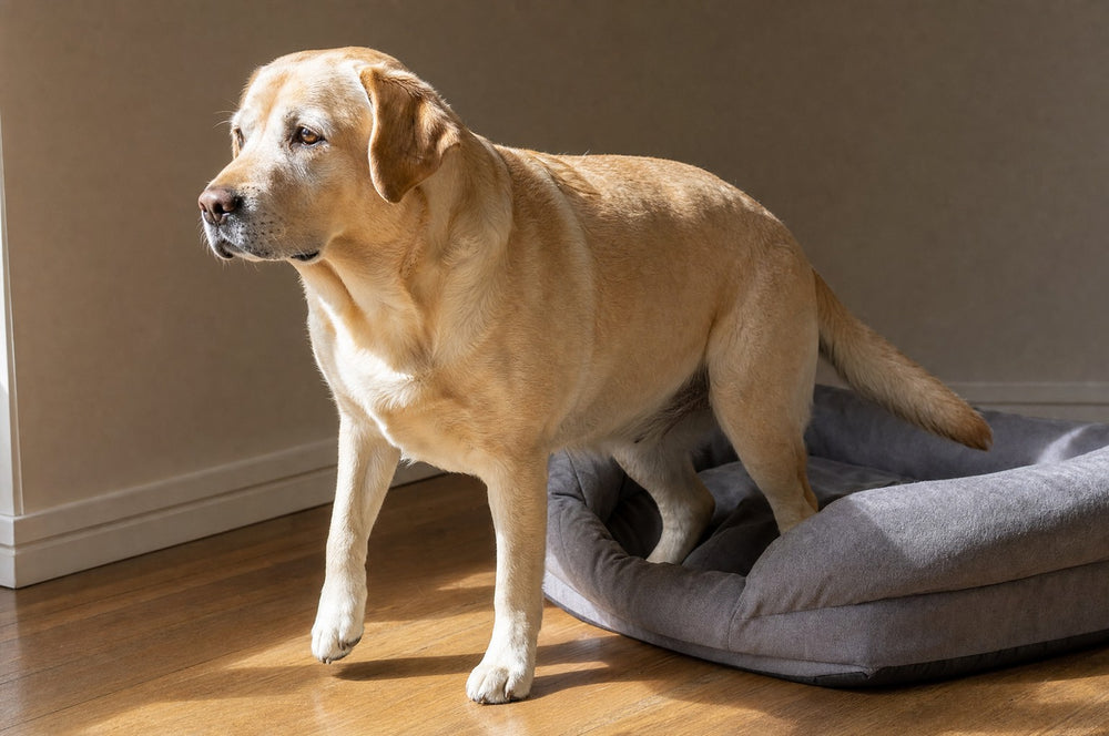 A yellow Labrador rising up off a dog bed