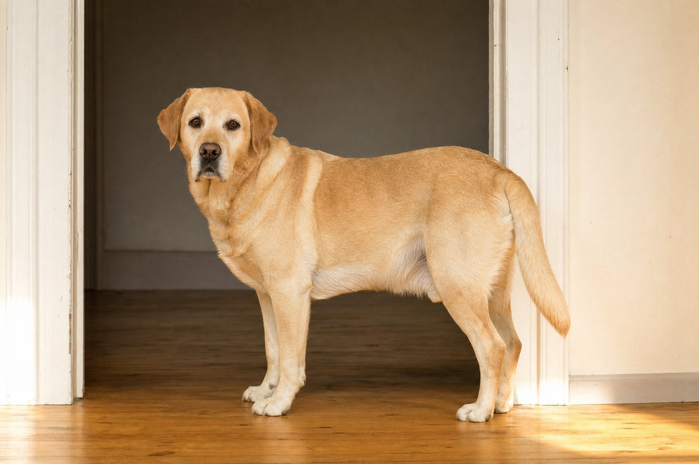 A yellow Labrador standing in a kitchen doorway looking toward the camera