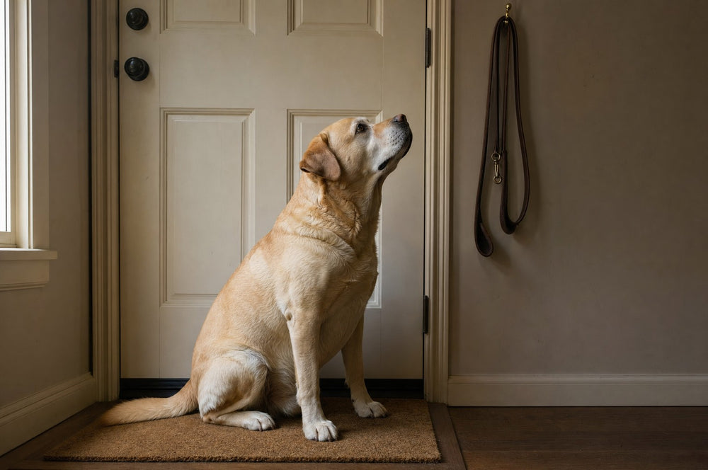 A yellow Labrador sitting by the front door looking up at a hanging leash