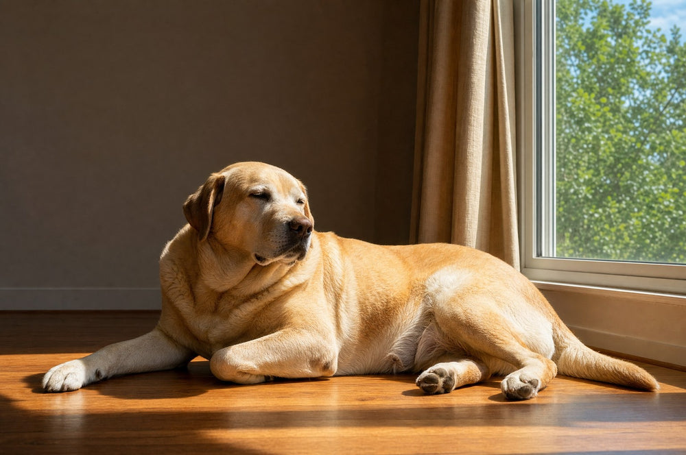 A yellow Labrador lying in a patch of afternoon sun by a window