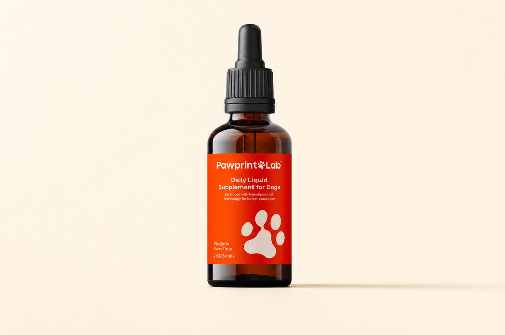 A bottle of Pawprint Protocol daily liquid supplement for dogs on a cream background