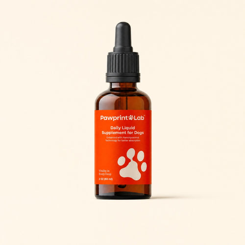 A bottle of Pawprint Protocol daily liquid supplement for dogs