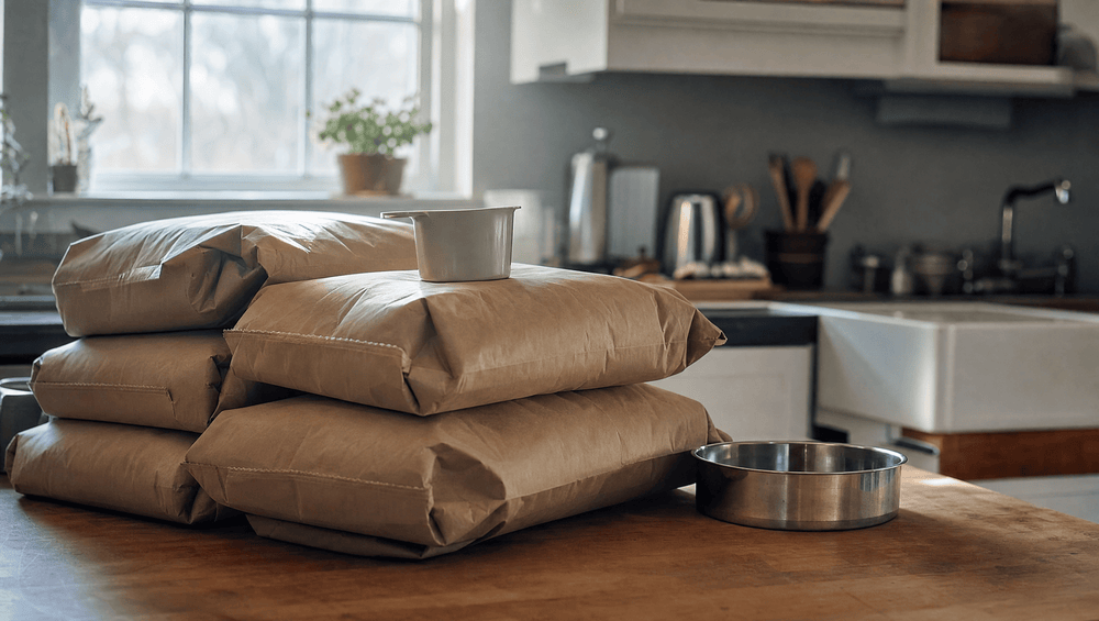Stacked unbranded dog food sacks and a measuring cup