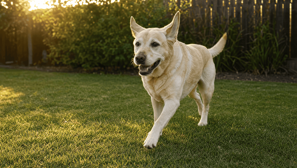 Trimmer Labrador trotting across a sunlit lawn