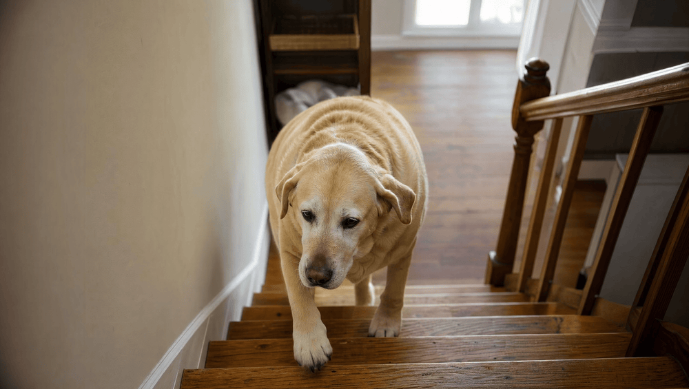 Dog halfway up a flight of indoor stairs