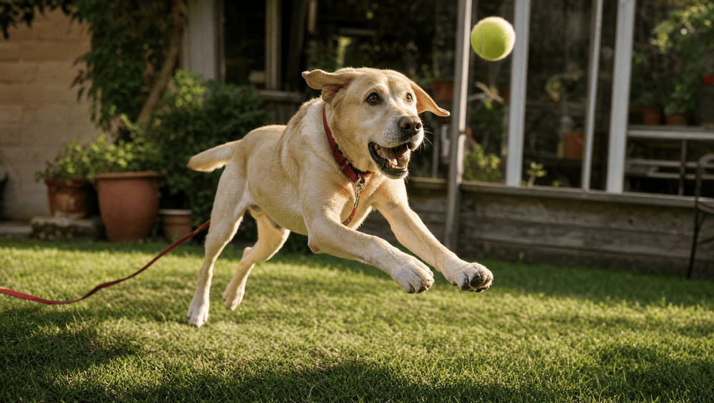 Labrador mid-leap chasing a tennis ball on the grass