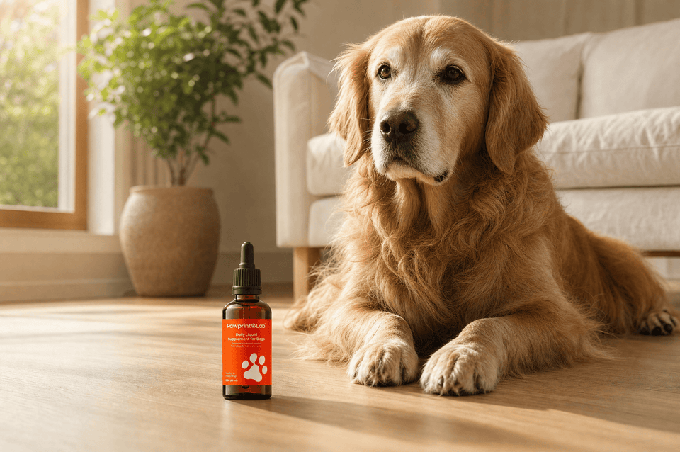 A senior dog resting at home beside a bottle of Pawprint Protocol liquid drops.