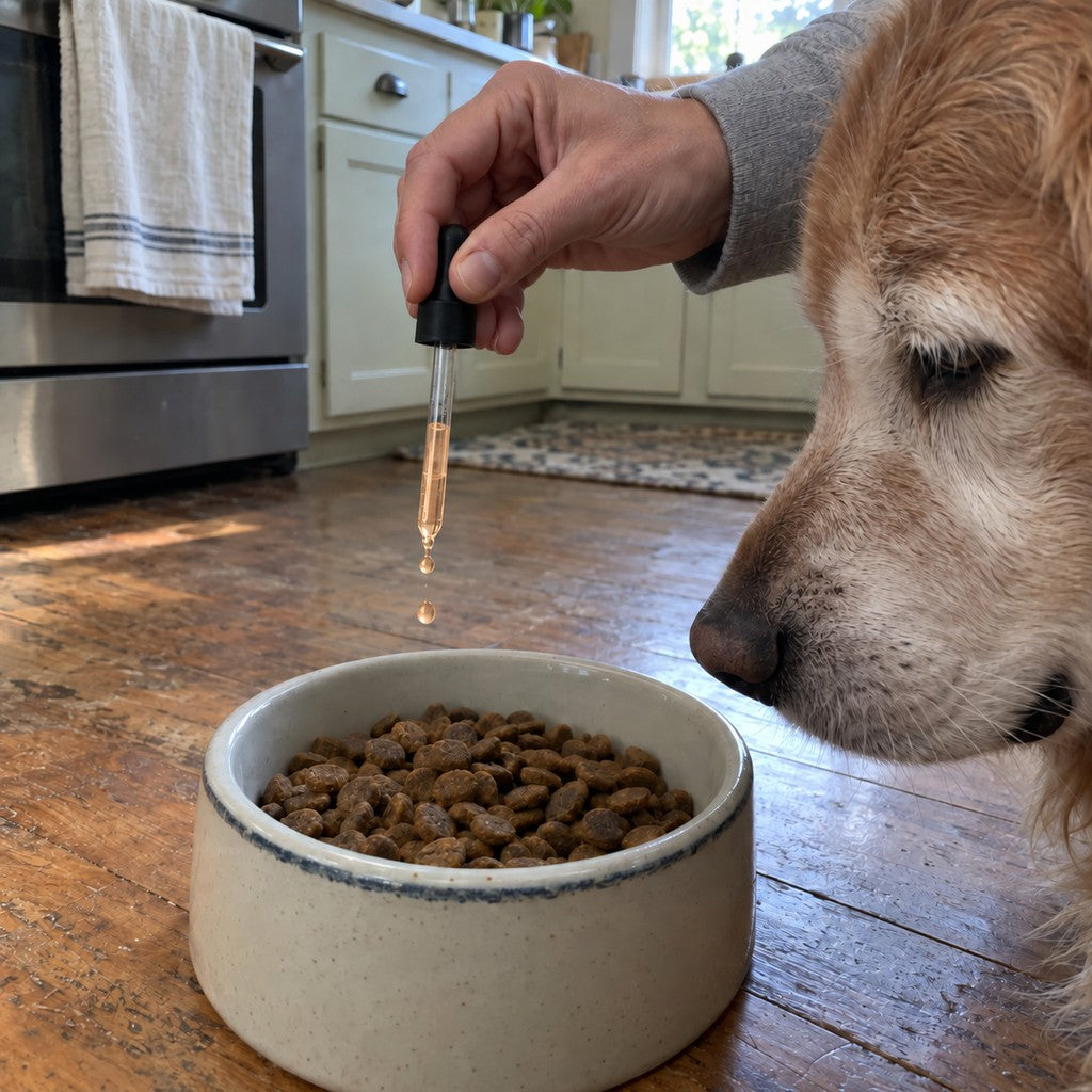 An illustrative dropper dispensing pale peach liquid onto dog food