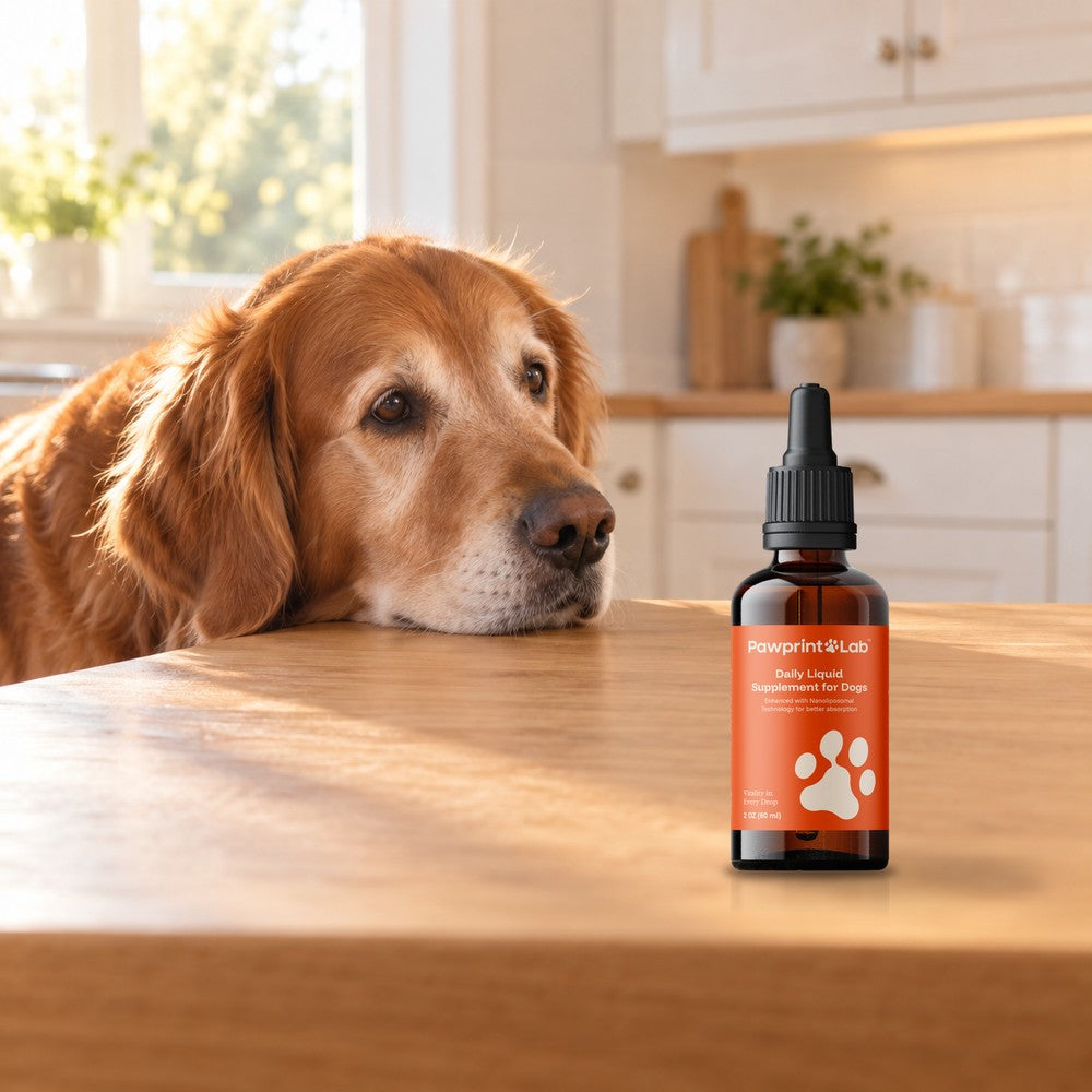 An old golden retriever resting his chin on a kitchen table, looking at a bottle of Pawprint Protocol beside him