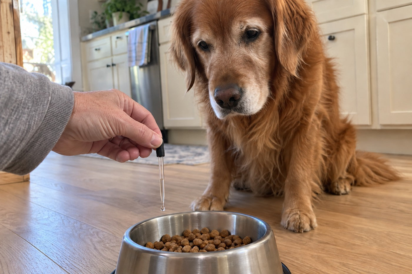 An old golden retriever watches a glass dropper release one clear, water-like drop onto the kibble in his steel bowl
