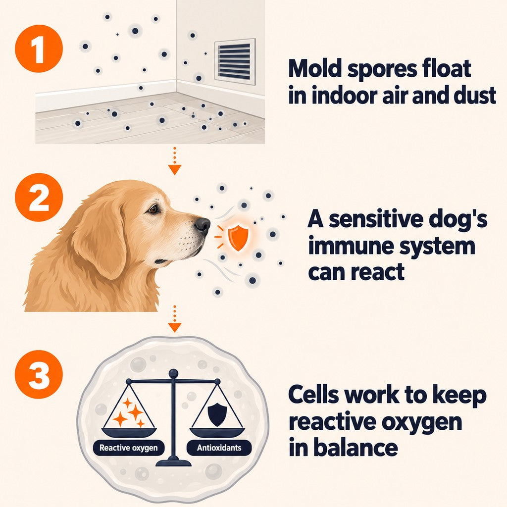Three-step diagram. One: mold spores float in indoor air and dust. Two: a sensitive dog's immune system can react. Three: cells work to keep reactive oxygen in balance, shown as a level scale between reactive oxygen and antioxidants