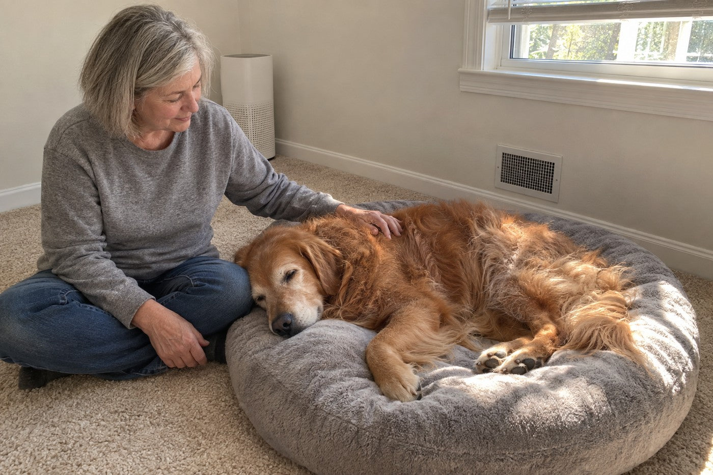 Weeks later, in the same bedroom, an old golden retriever sleeps on his bed in a patch of sun in the middle of the room while the woman sits beside him with her hand on his side; an air purifier stands in the corner