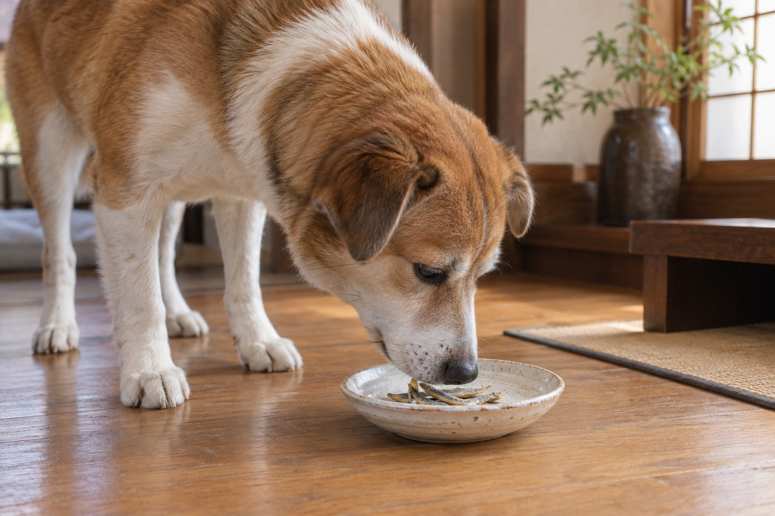 A dog eating a few tiny dried niboshi fish from a ceramic dish