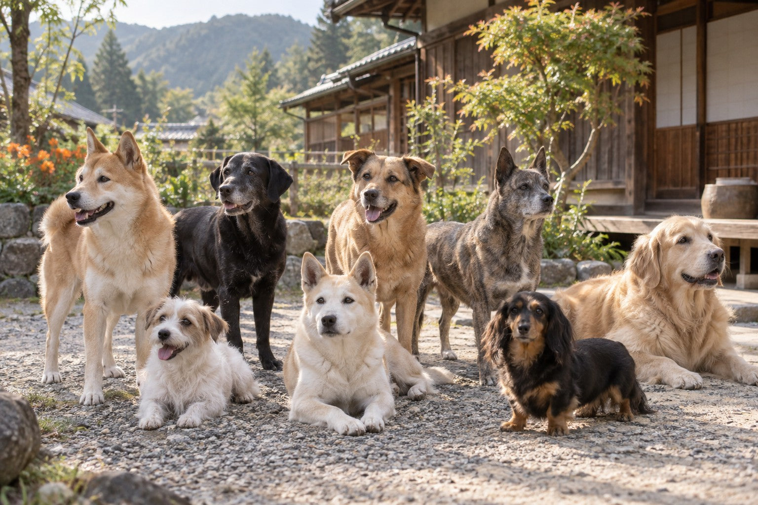 A calm group of adult and senior dogs at a Japanese countryside sanctuary