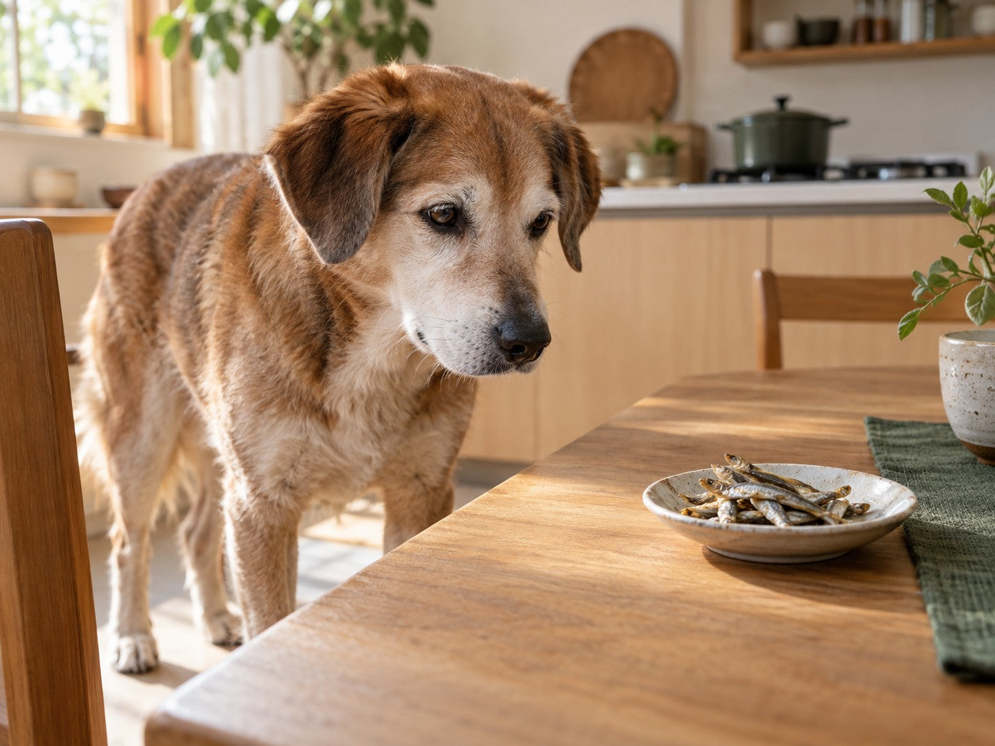 An older dog looking curiously at a ceramic dish of small dried fish