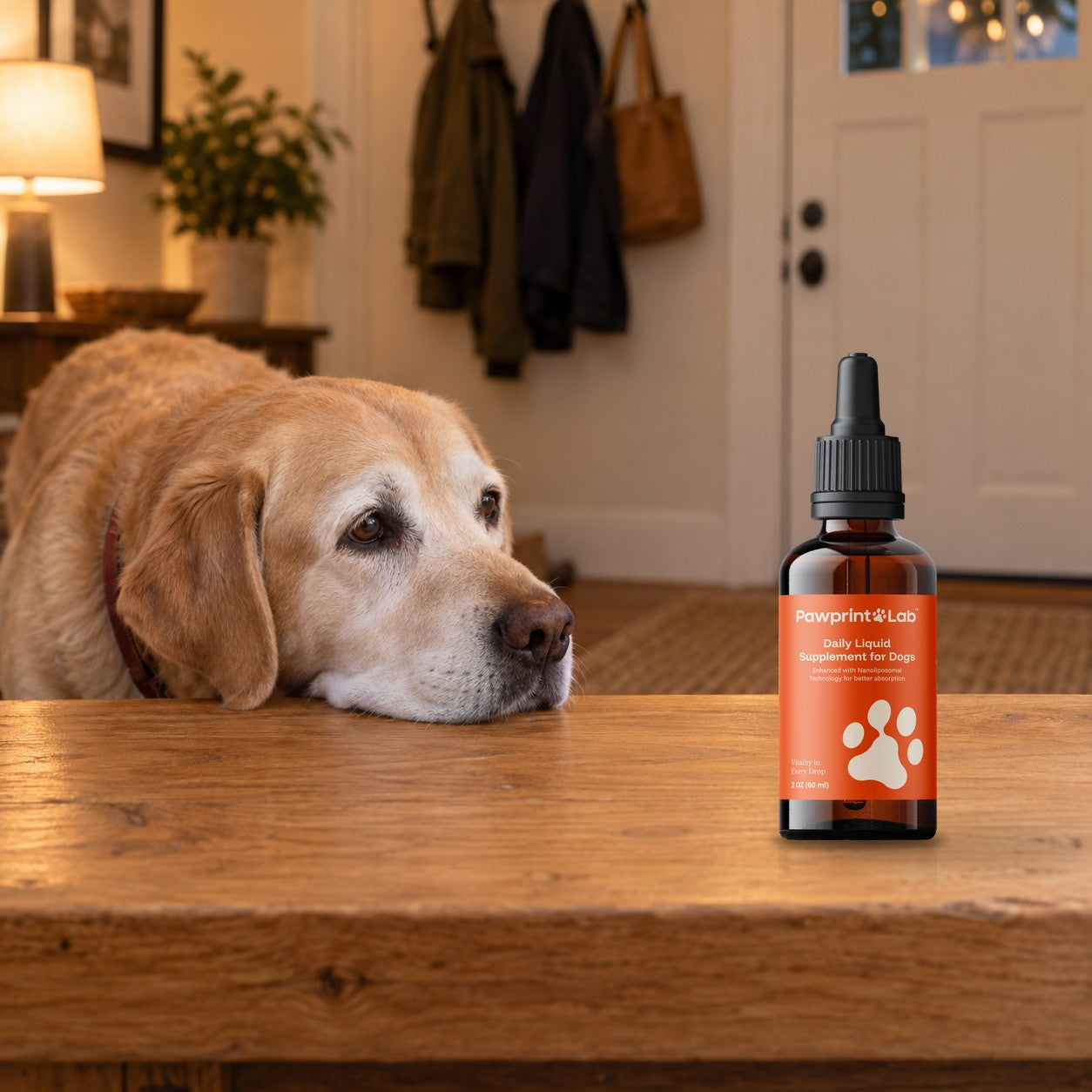 An old yellow Labrador resting his chin on an oak hallway bench beside a bottle of Pawprint Protocol