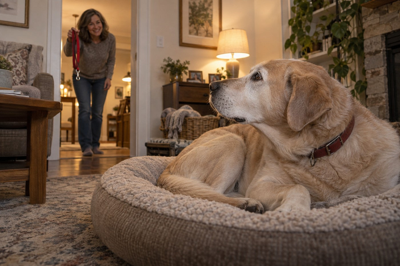 In a lamp-lit living room, an old yellow Labrador with a grey muzzle lifts his head from his dog bed toward a smiling woman holding up a red leash in the doorway, but stays lying down