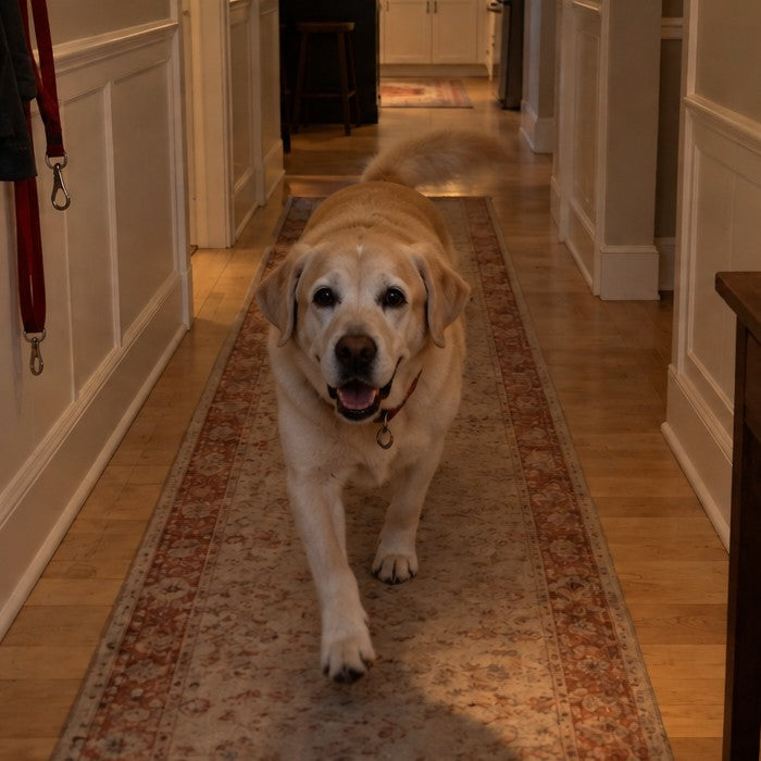 The same grey-muzzled Labrador trotting happily down the hallway toward the front door, tail up