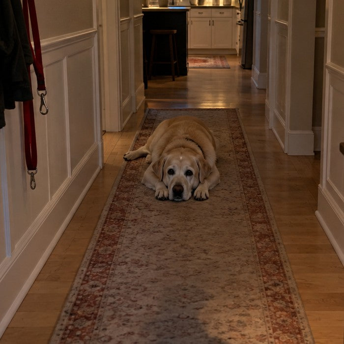 The old yellow Labrador lying on the hallway rug at dusk, eyes lifted toward the open front door