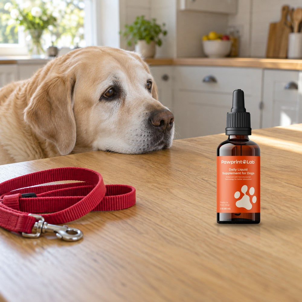 An old yellow Labrador resting his chin on a kitchen table beside a red leash and a bottle of Pawprint Protocol