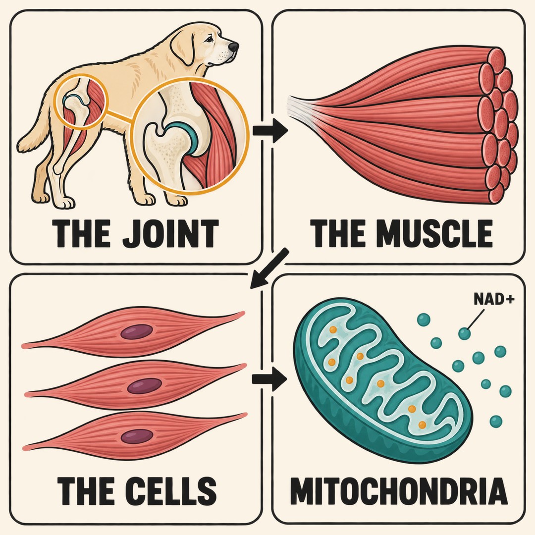 Four-panel diagram: the hip joint, the muscle that moves it, the muscle cells inside it, and a mitochondrion with NAD+ molecules beside it