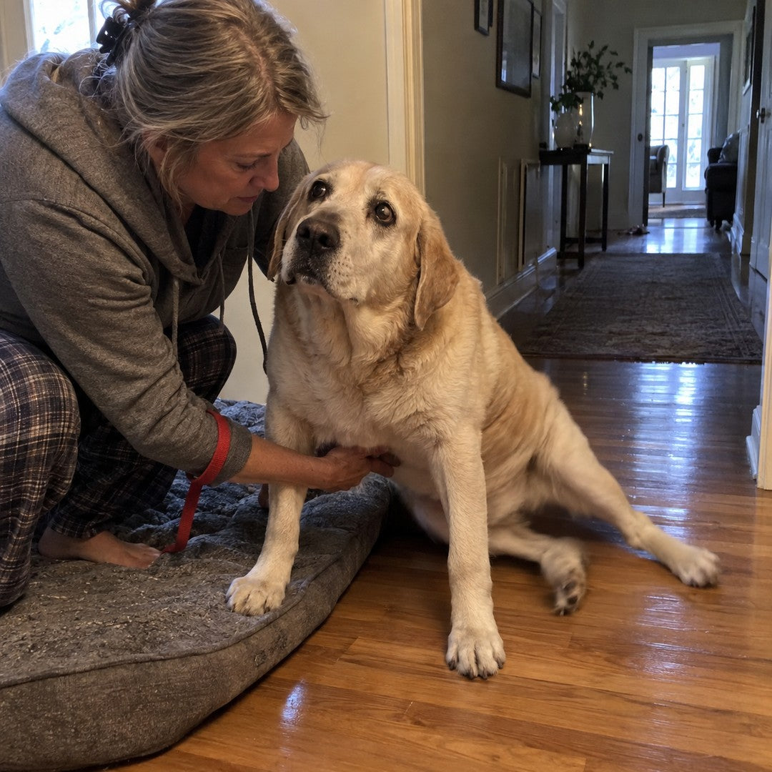 An old yellow Labrador sitting awkwardly beside his dog bed on a hardwood floor, one back leg splayed out to the side, looking up at a kneeling woman with a red leash around her wrist and a hand under his chest