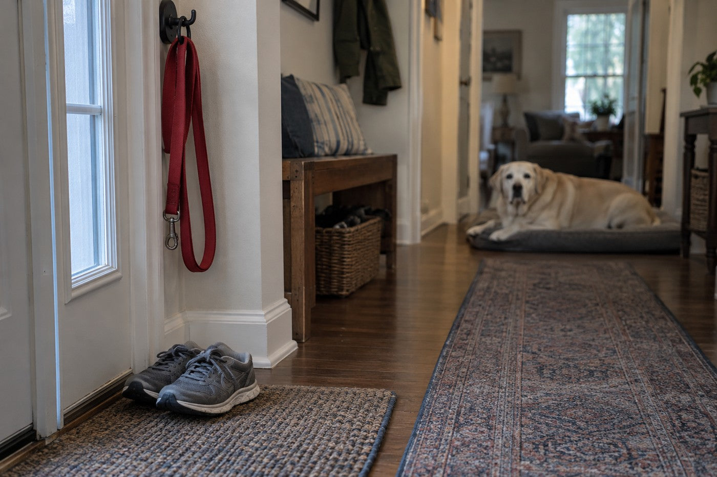 A red leash hanging on a hook beside a front door, walking shoes on the mat, and an old yellow Labrador lying on his bed down the hallway, watching the door
