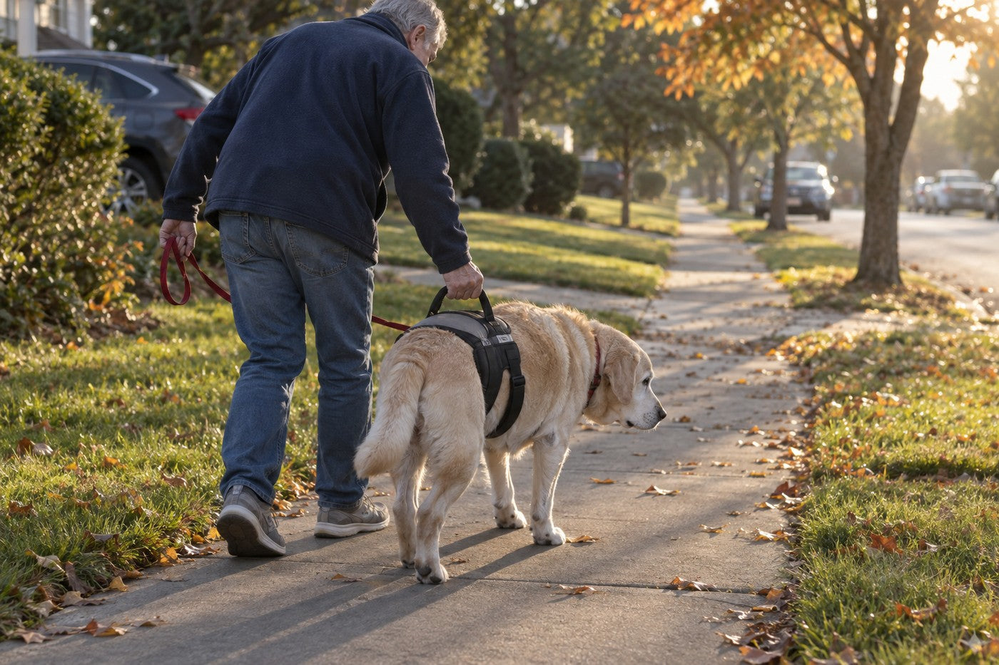 A man in a navy fleece walking an old yellow Labrador on a leafy sidewalk, holding the handle of a support harness on the dog's back