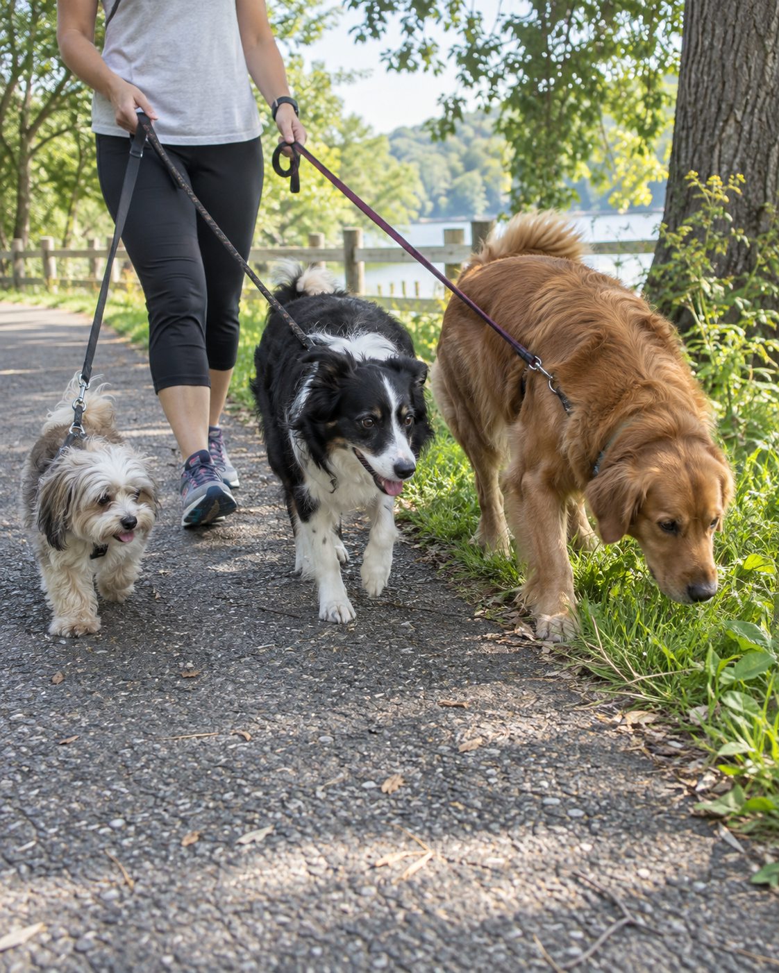 Three different dogs sniff along a park path with their caregiver