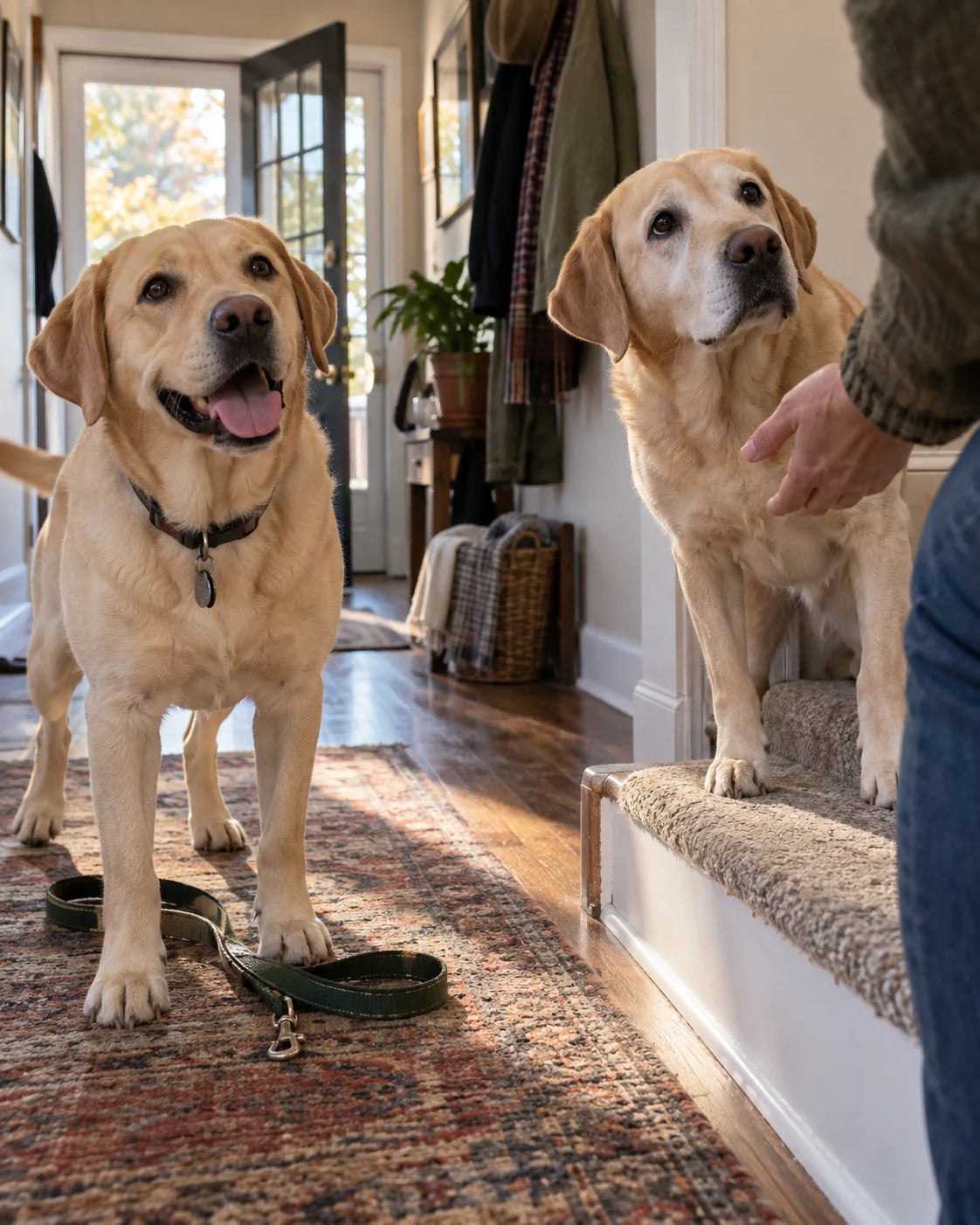 Illustration of two yellow Labradors at home, one paused at a step as their caretaker reaches toward them